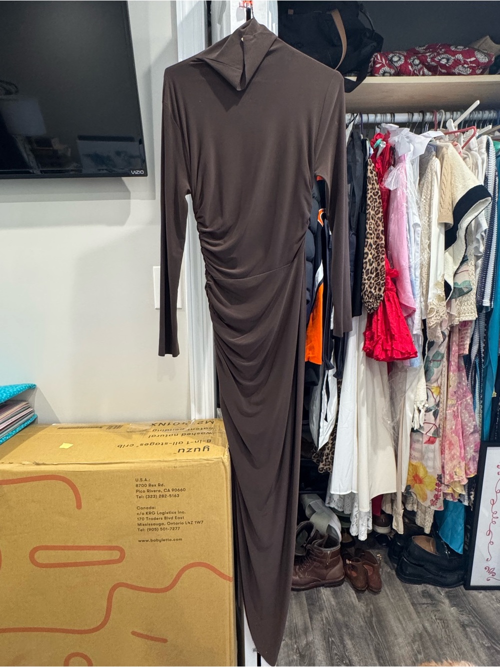 Norma Kamali Brown Long-Sleeve Ruched Turtleneck Maxi Dress